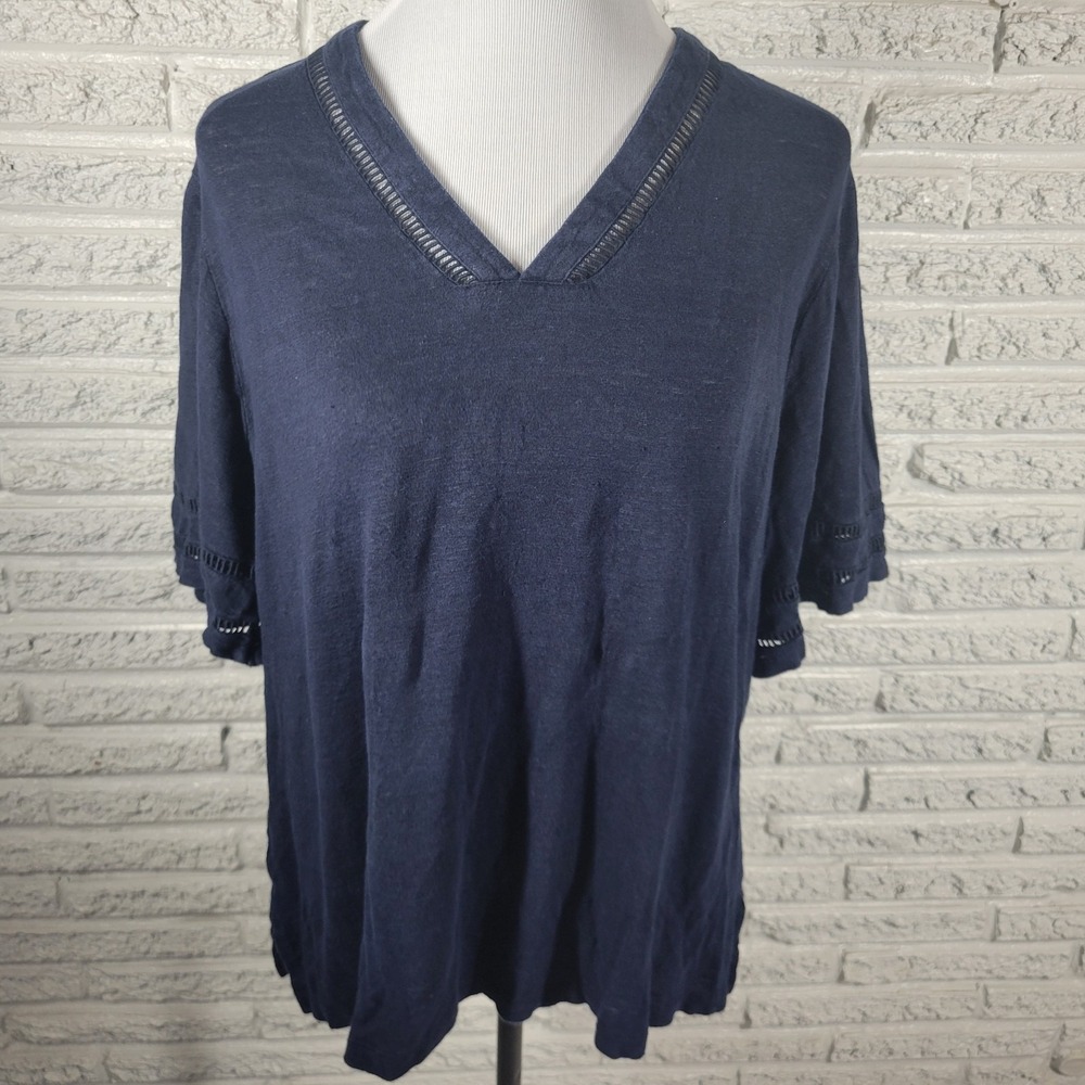 Chico's XL Blue Linen Knit Crochet Sleeve Tee Shirt V-Neck Pullover Casual Top